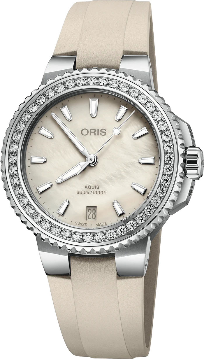 Oris Aquis Date 01-733-7792-4956-07-4-19-61FC, women's automatic with diamond bezel