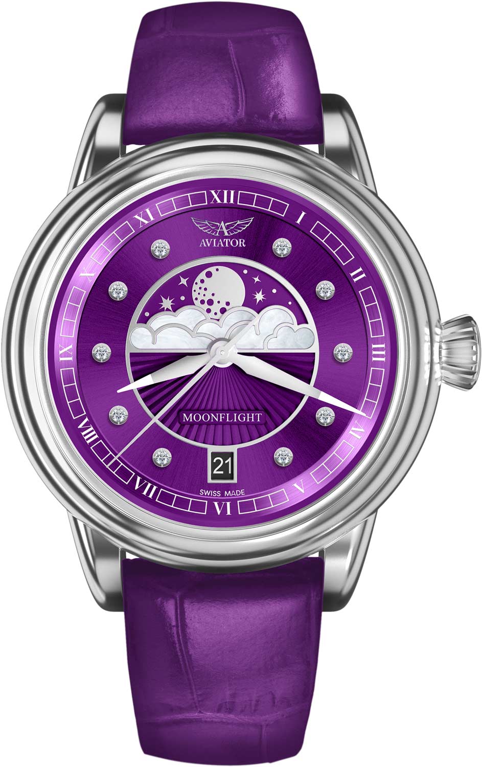 Aviator Douglas V.1.33.0.361.4, Purple Dial Diamond Ladies Watch